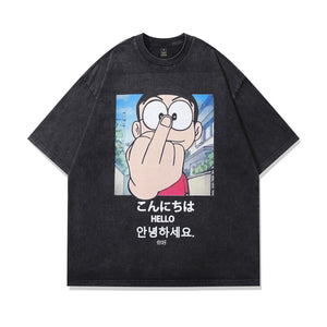 Middle finger t-shirt anime tee boy print top in vintage grey