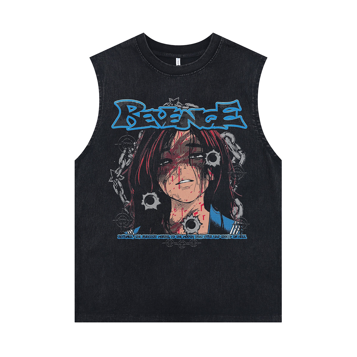 Revenge slogan sleeveless t-shirt vintage Japanese vest retro anime tank top in acid wash black
