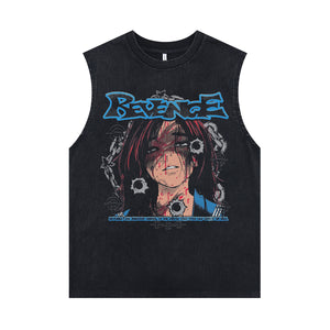 Revenge slogan sleeveless t-shirt vintage Japanese vest retro anime tank top in acid wash black