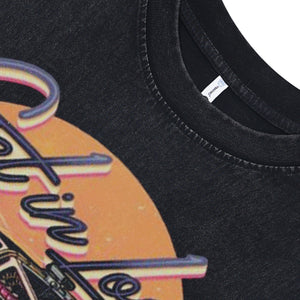 70s car print sleeveless t-shirt motorsports surfer vest retro racing cartoon tank top in acid wash black