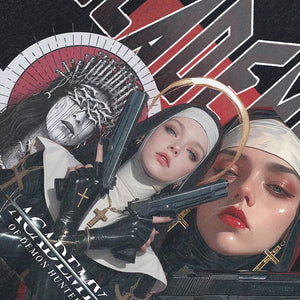 Nun print sleeveless t-shirt vintage Academy vest retro cartoon tank top in acid wash black