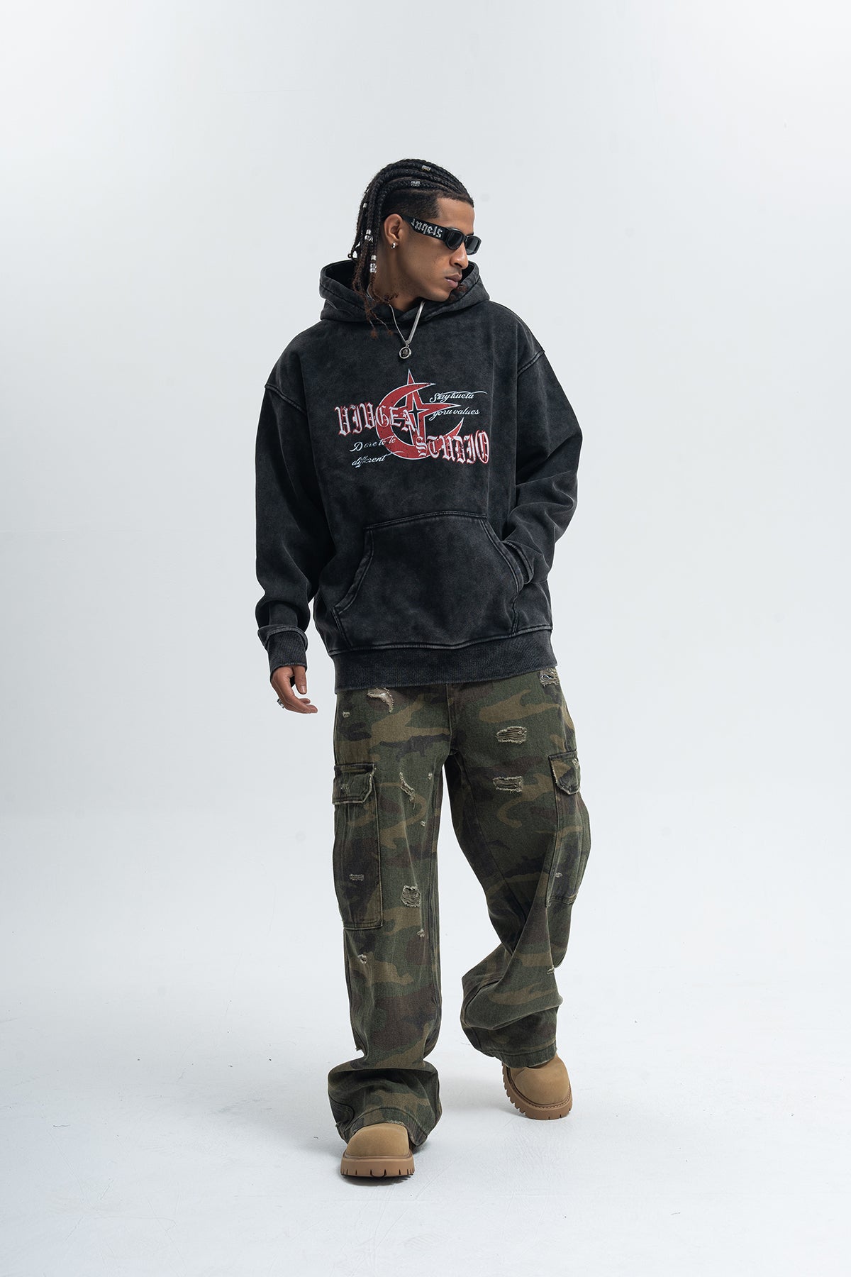 Anti war hoodie retro piece pullover grunge vintage wash jumper in acid grey