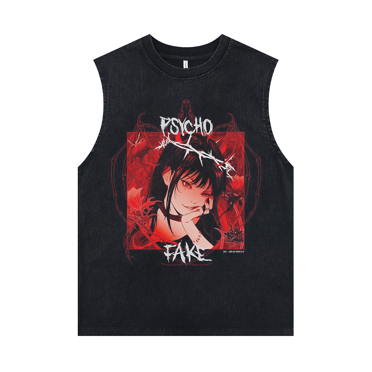 Psycho slogan sleeveless t-shirt anime girl print surfer vest Japanese tank top in acid wash black