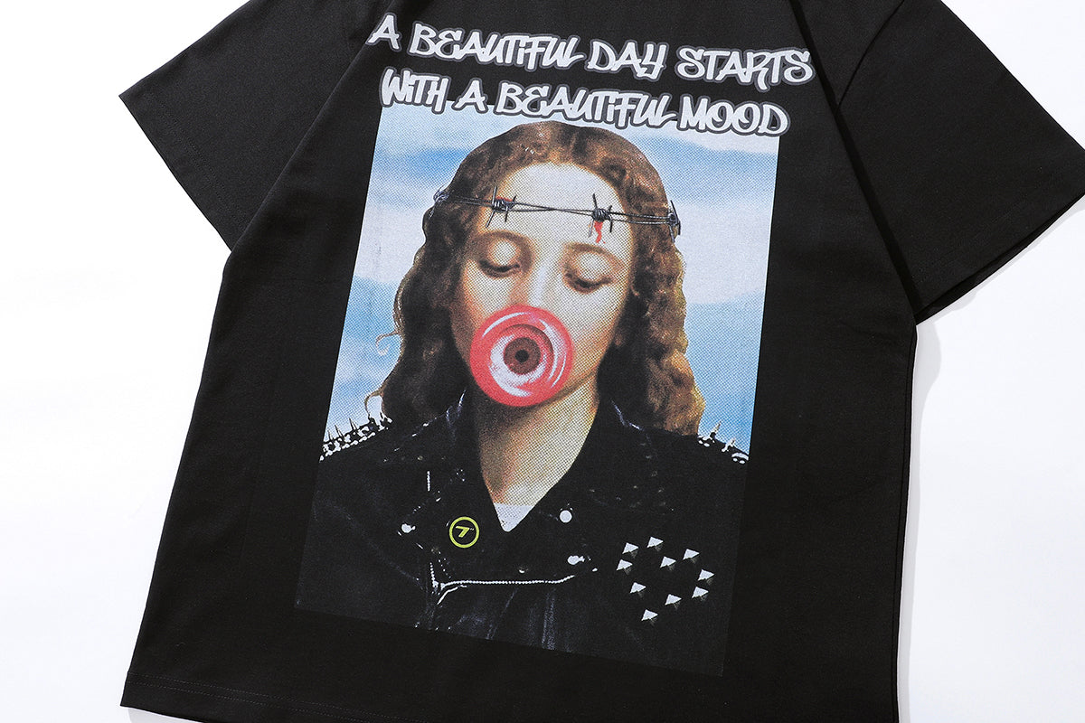 Y2K t-shirt grunge girl tee psychedelic poster top in vintage grey