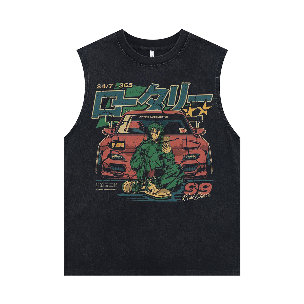 Car print sleeveless t-shirt retro Japanese surfer vest 80s anime tank top in acid wash black