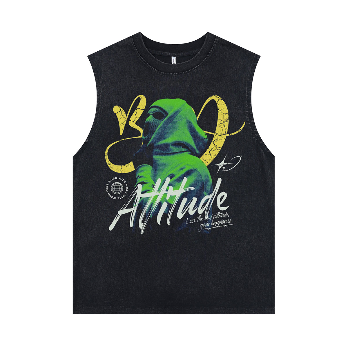 Attitude slogan sleeveless t-shirt balaclava print vest hip-hop gangster tank top in acid wash black