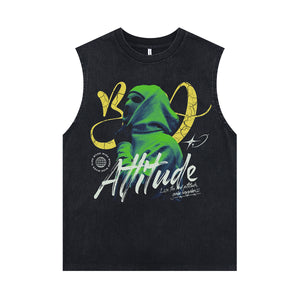Attitude slogan sleeveless t-shirt balaclava print vest hip-hop gangster tank top in acid wash black
