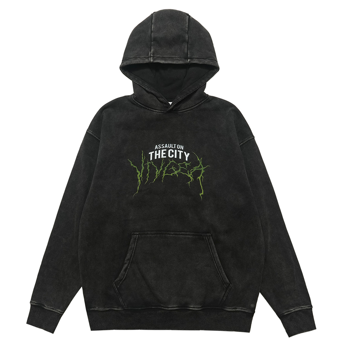 Thunder print hoodie cyberpunk pullover city slogan jumper in acid vintage grey