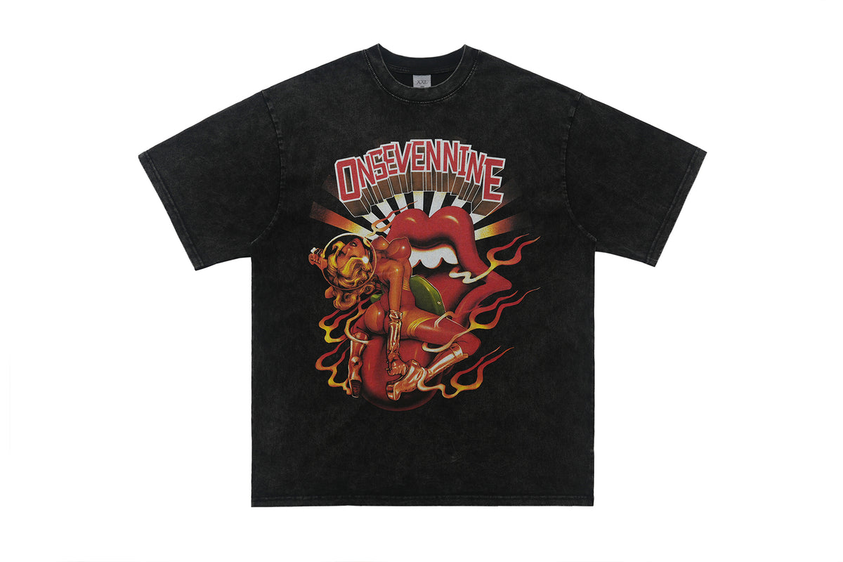 Lips print t-shirt retro cartoon top y2k tee in grey