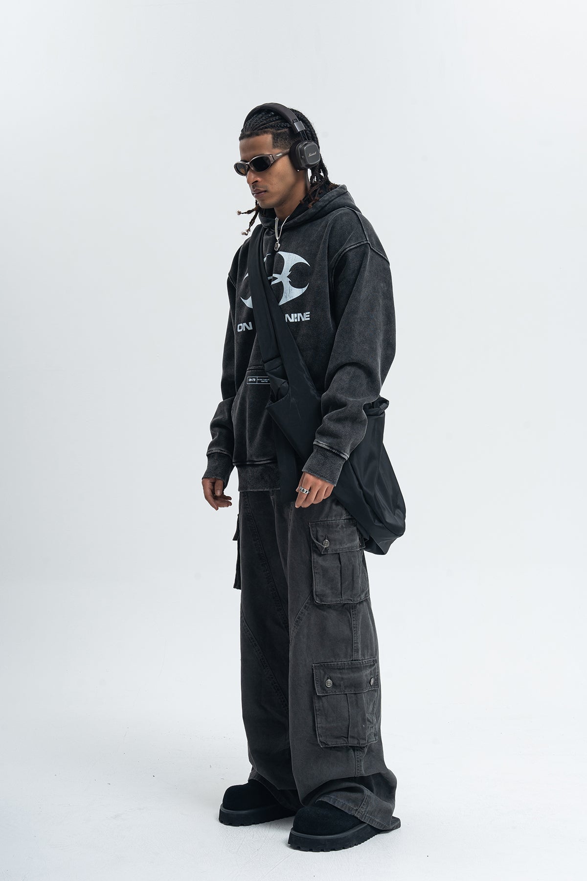 Cyberpunk hoodie tribal print pullover vintage wash raver jumper in acid grey