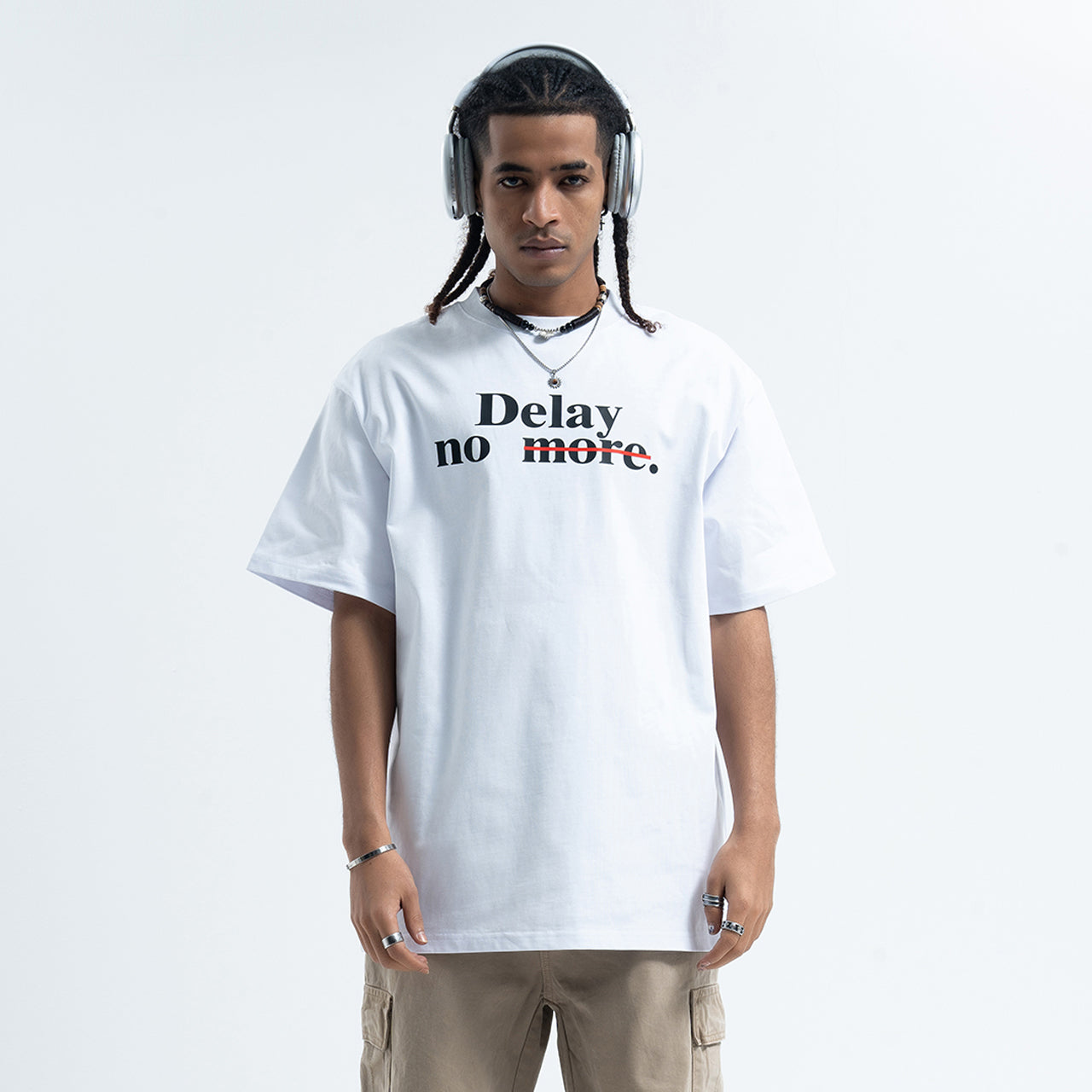 Motivational t-shirt delay no more slogan top in white