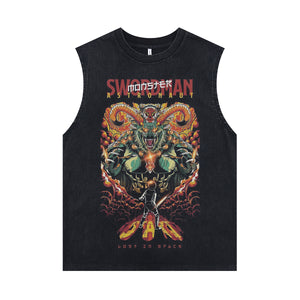 Swordman anime sleeveless t-shirt vintage Japanese vest retro cartoon tank top in acid wash black