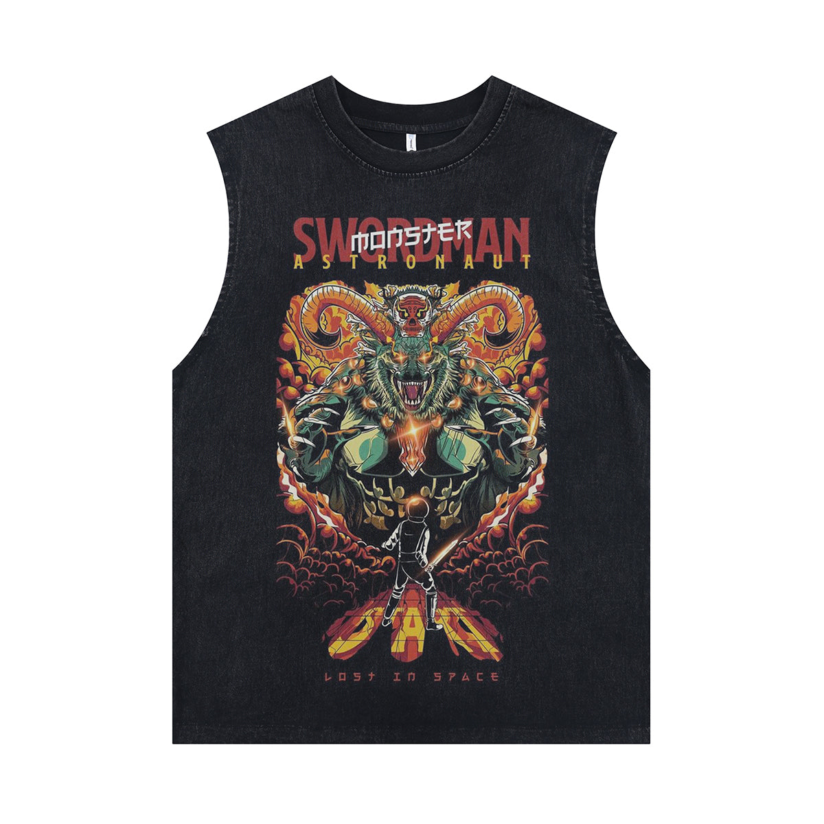 Swordman anime sleeveless t-shirt vintage Japanese vest retro cartoon tank top in acid wash black