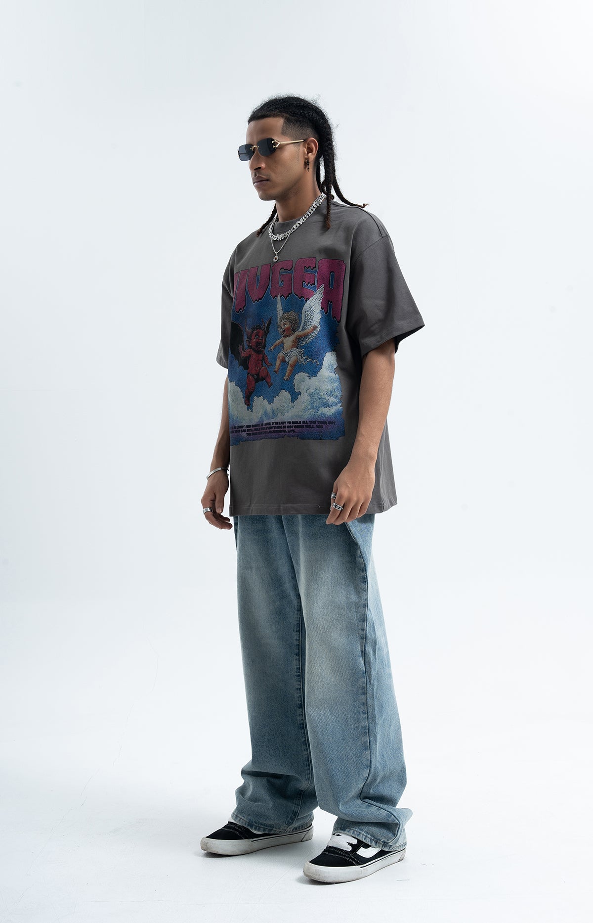 Angel devil t-shirt funny religion top retro cartoon tee in black