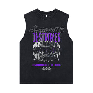 Grillz print sleeveless t-shirt gangster cartoon vest 00s retro hip-hop poster tank top in acid wash black