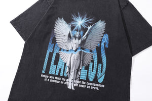 Fearless slogan t-shirt angel cartoon tee retro saint top in vintage grey