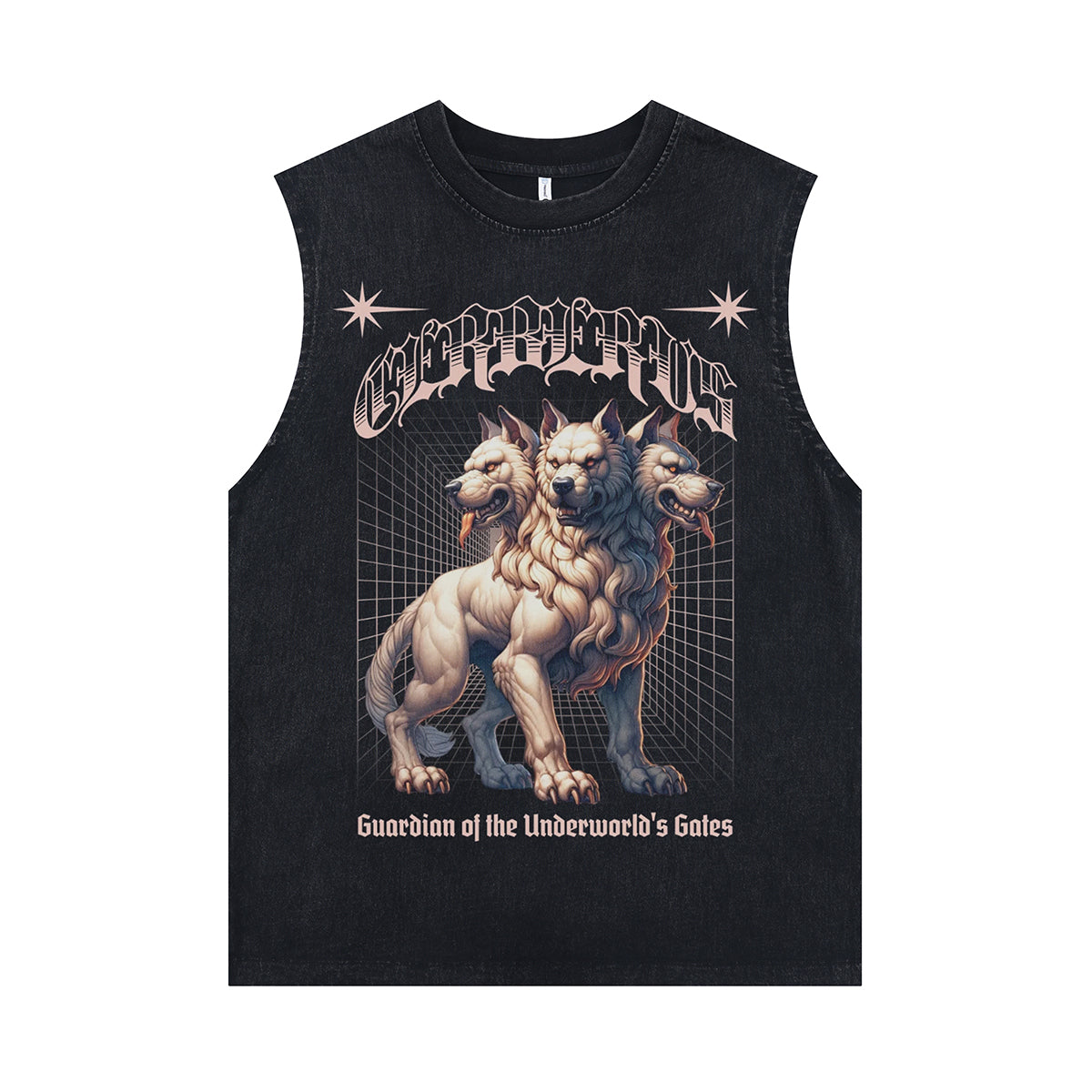Mutation sleeveless t-shirt creepy wolves print surfer vest 00s Gothic tank top in acid wash black