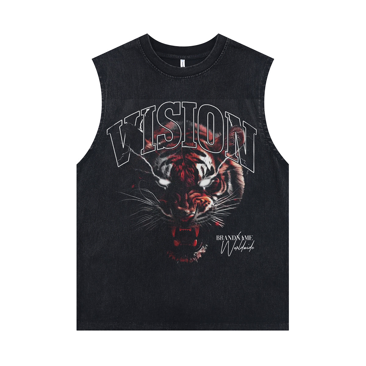 Bengal tiger sleeveless t-shirt animal cartoon surfer vest 90s vission slogan tank top in acid wash black
