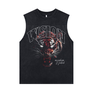 Bengal tiger sleeveless t-shirt animal cartoon surfer vest 90s vission slogan tank top in acid wash black