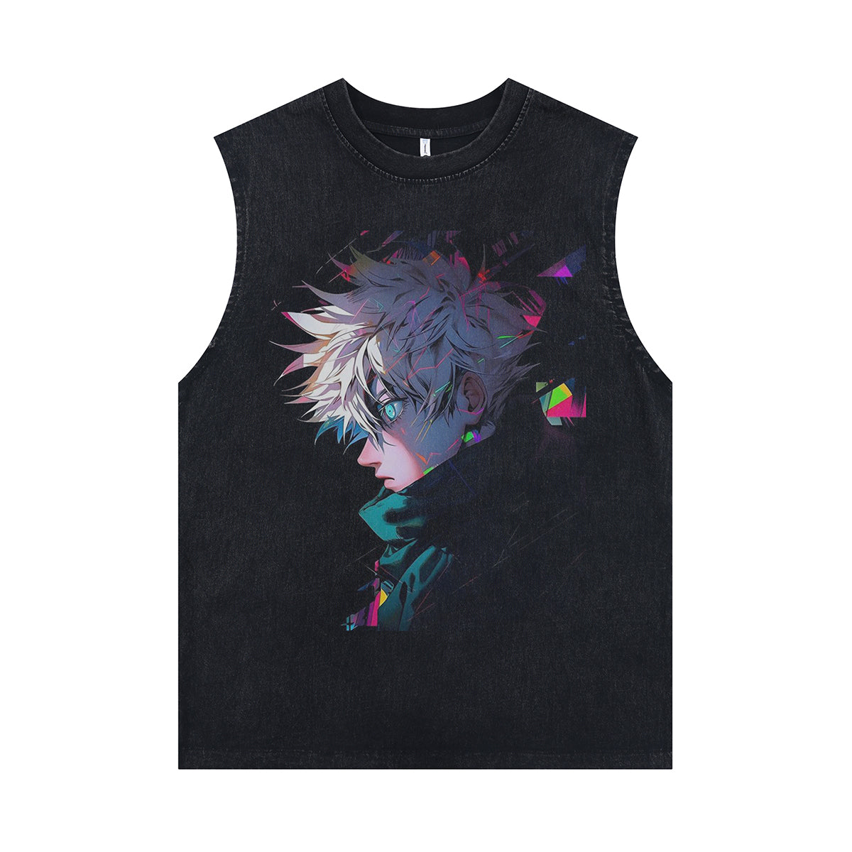 Sad boy sleeveless t-shirt vintage Japanese vest retro anime tank top in acid wash black