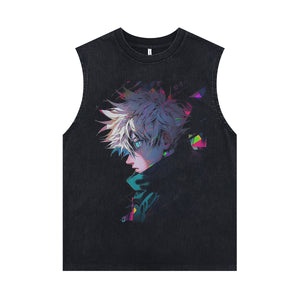 Sad boy sleeveless t-shirt vintage Japanese vest retro anime tank top in acid wash black