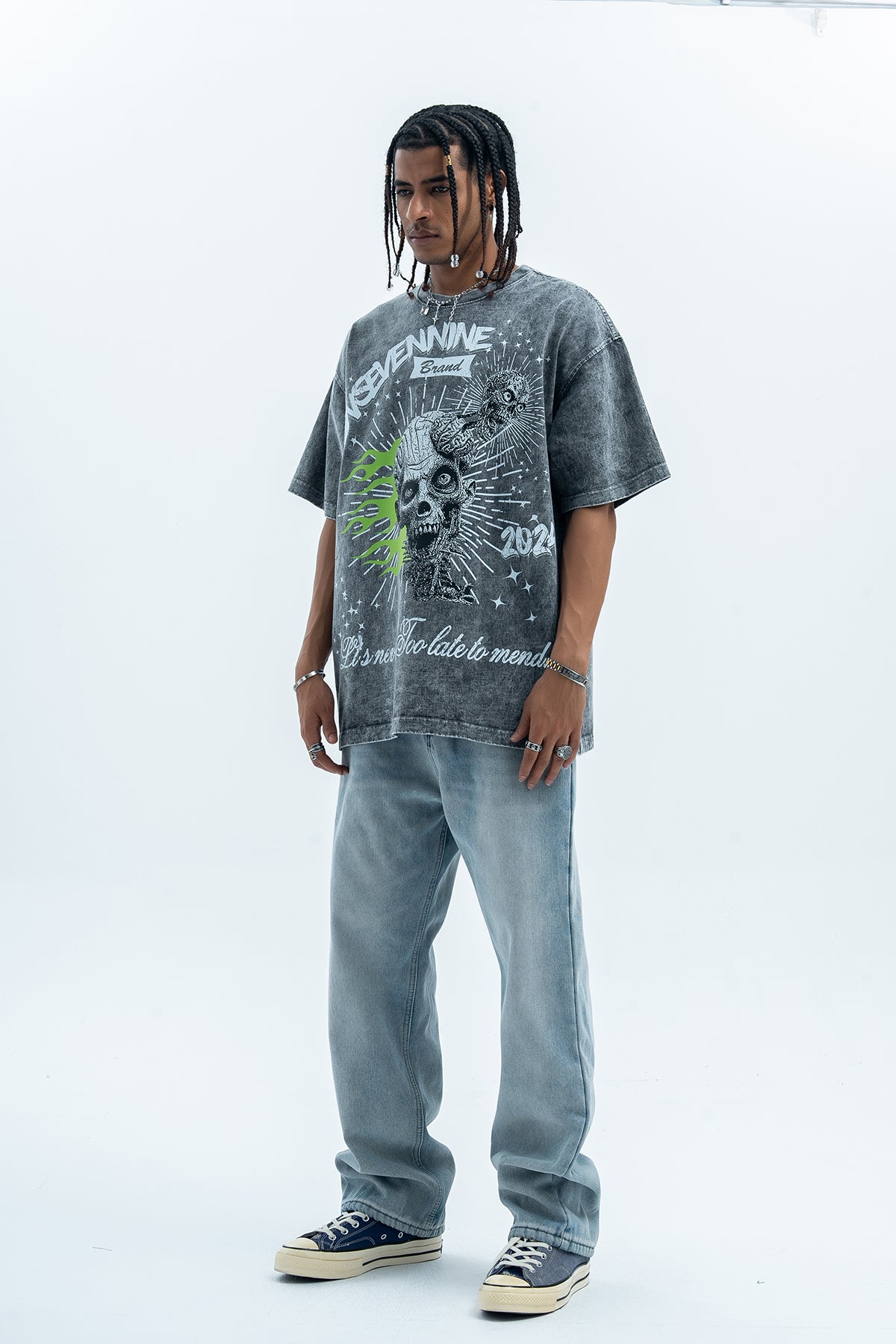 Flame t-shirt skeleton print tee grunge monster top skull jumper in Black