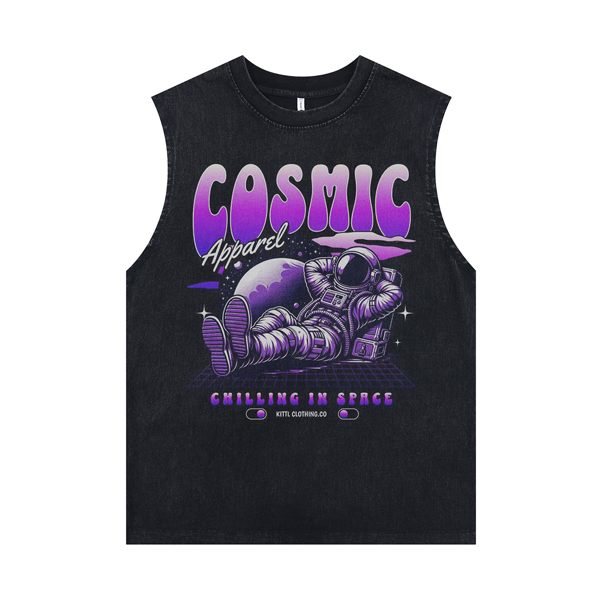 Spaceman print sleeveless t-shirt astronaut cartoon surfer vest retro tank top in acid wash black