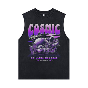 Spaceman print sleeveless t-shirt astronaut cartoon surfer vest retro tank top in acid wash black
