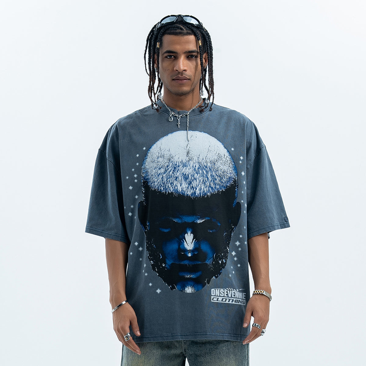 Cyberpunk t-shirt creepy psychedelic top man print tee in blue