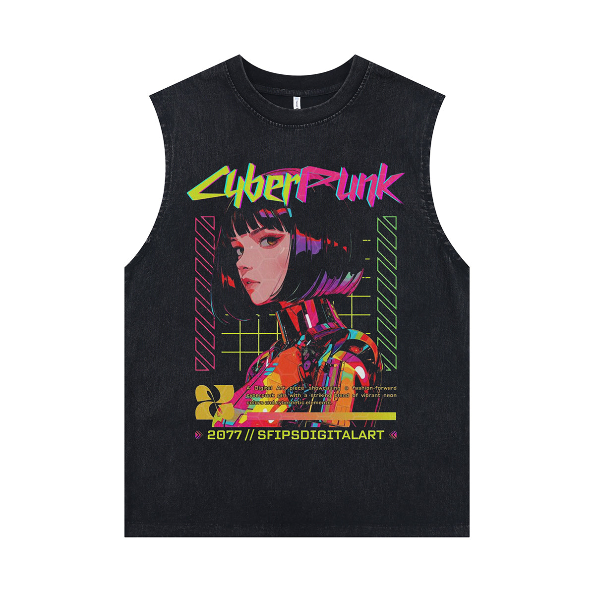 Cyberpunk slogan sleeveless t-shirt robot girl print surfer vest futuristic tank top in acid wash black