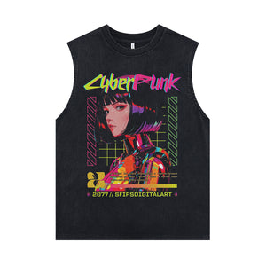 Cyberpunk slogan sleeveless t-shirt robot girl print surfer vest futuristic tank top in acid wash black