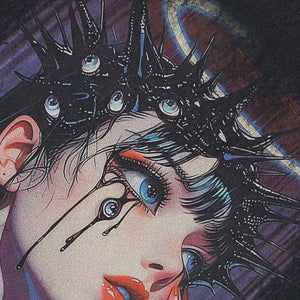 Cute girl sleeveless t-shirt anime cartoon surfer vest 00s grunge Manga tank top in acid wash black