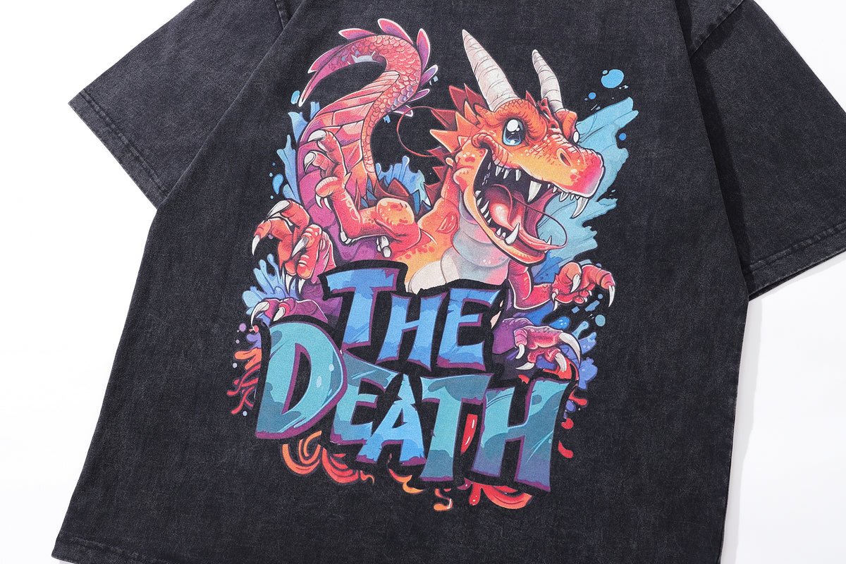 Dragon cartoon t-shirt death slogan tee retro monster top in vintage grey