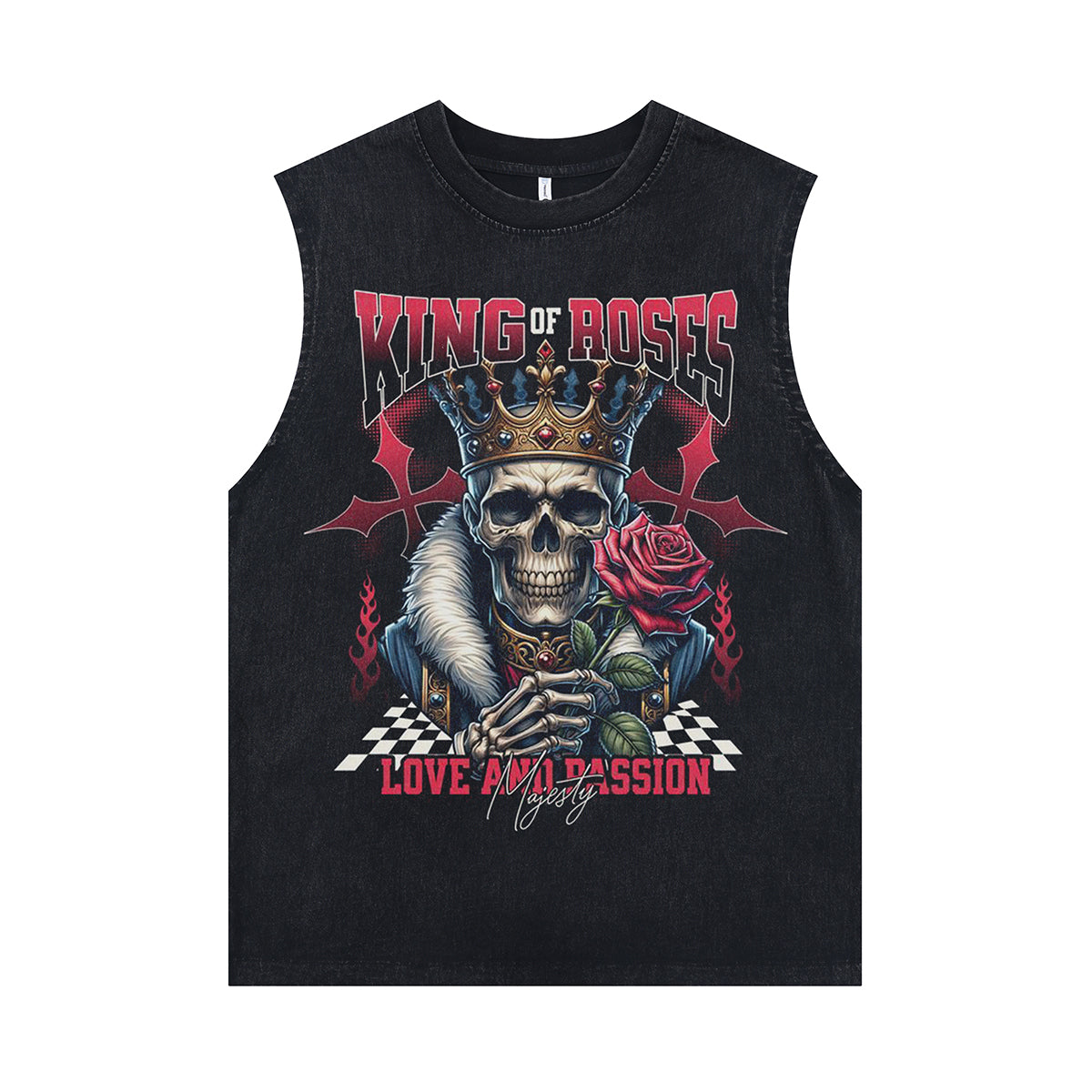 King slogan sleeveless t-shirt 80s skeleton surfer vest metalcore tank top in acid wash black