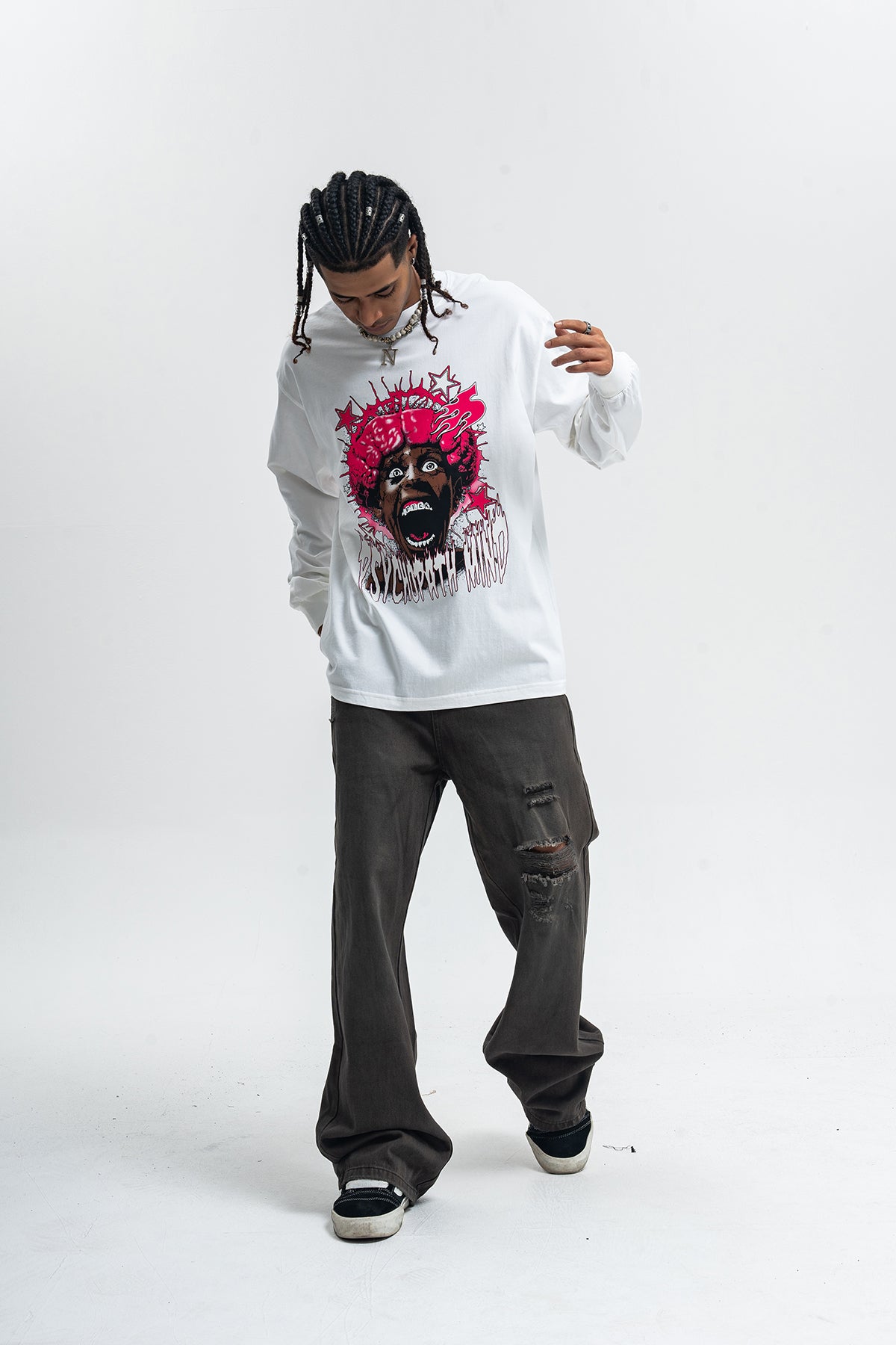 Psychopath slogan jumper long sleeve raver t-shirt grunge hip-hop top in brown