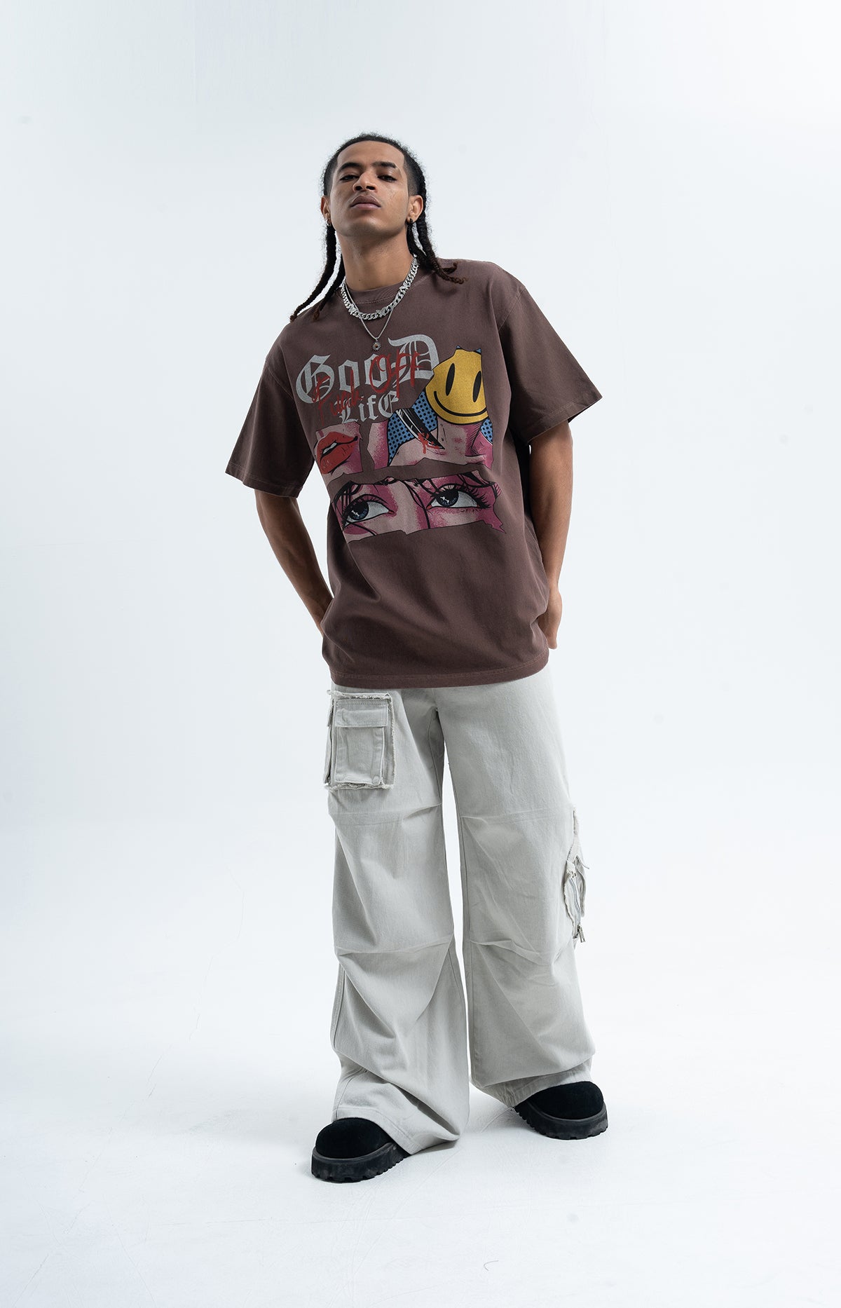 Anime t-shirt retro cartoon top 90s tee good life slogan jumper in grey