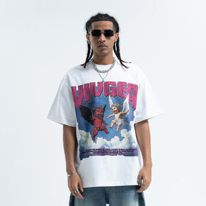 Angel devil t-shirt funny religion top retro cartoon tee in black