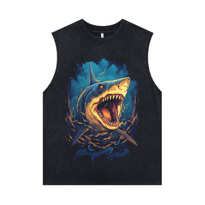 Shark print sleeveless t-shirt scary cartoon vest 90s sea life poster tank top in acid wash black
