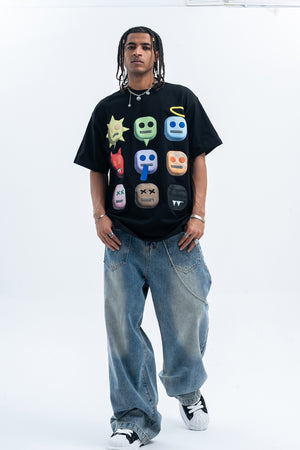 Emoji t-shirt robot tee psychedelic cartoon jumper in black