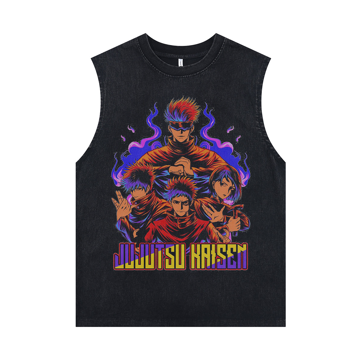 Jujutsu anime sleeveless t-shirt vintage Japanese vest retro cartoon tank top in acid wash black
