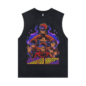 Jujutsu anime sleeveless t-shirt vintage Japanese vest retro cartoon tank top in acid wash black