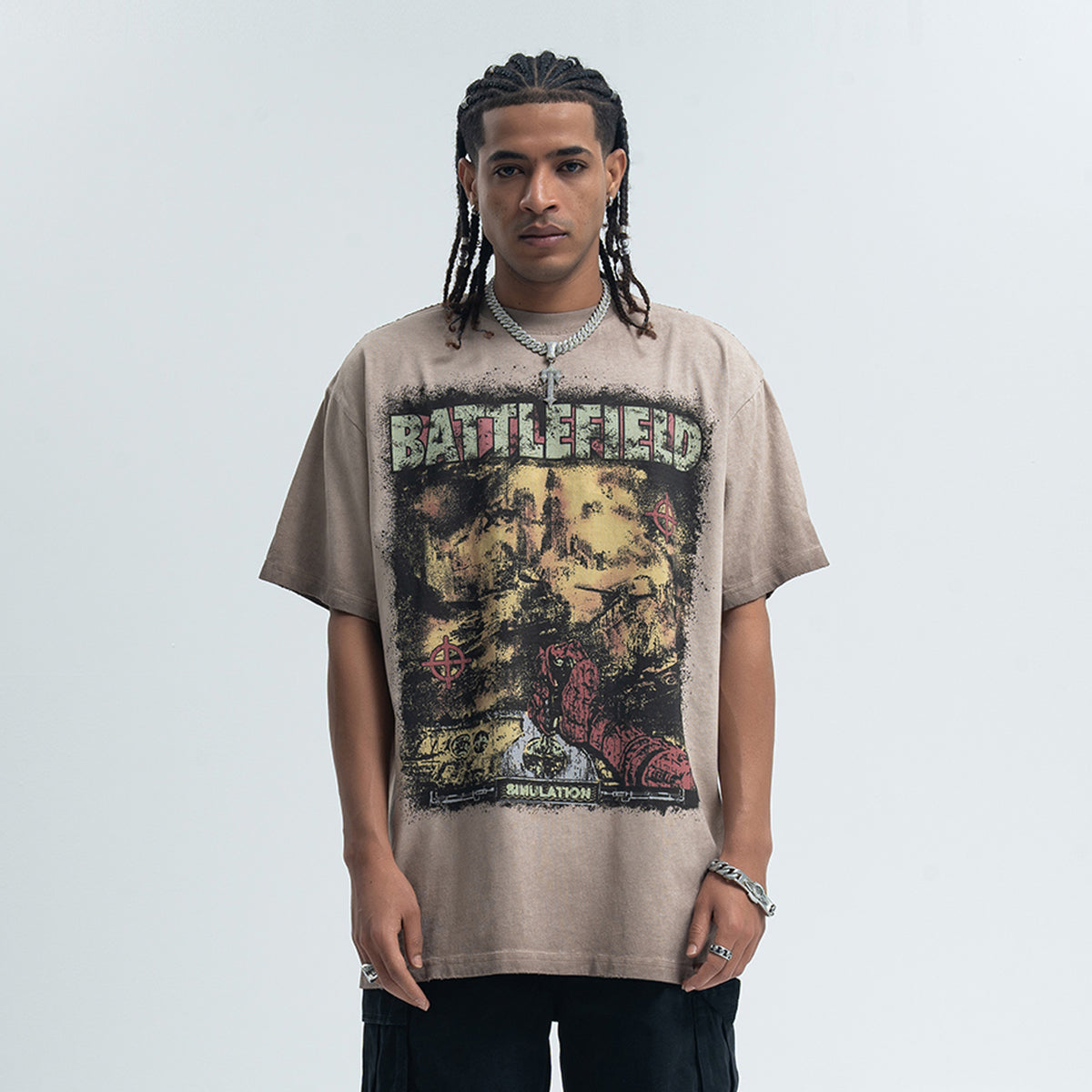 Battlefield slogan t-shirt military top retro game tee in cream