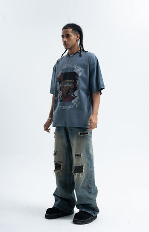 Blindfold t-shirt creepy girl top grunge punk tee in blue