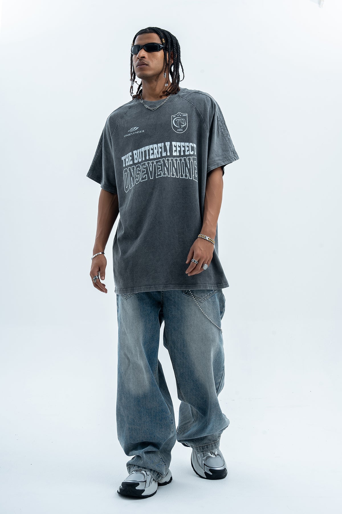 Butterfly effect t-shirt grunge slogan tee racing top in grey