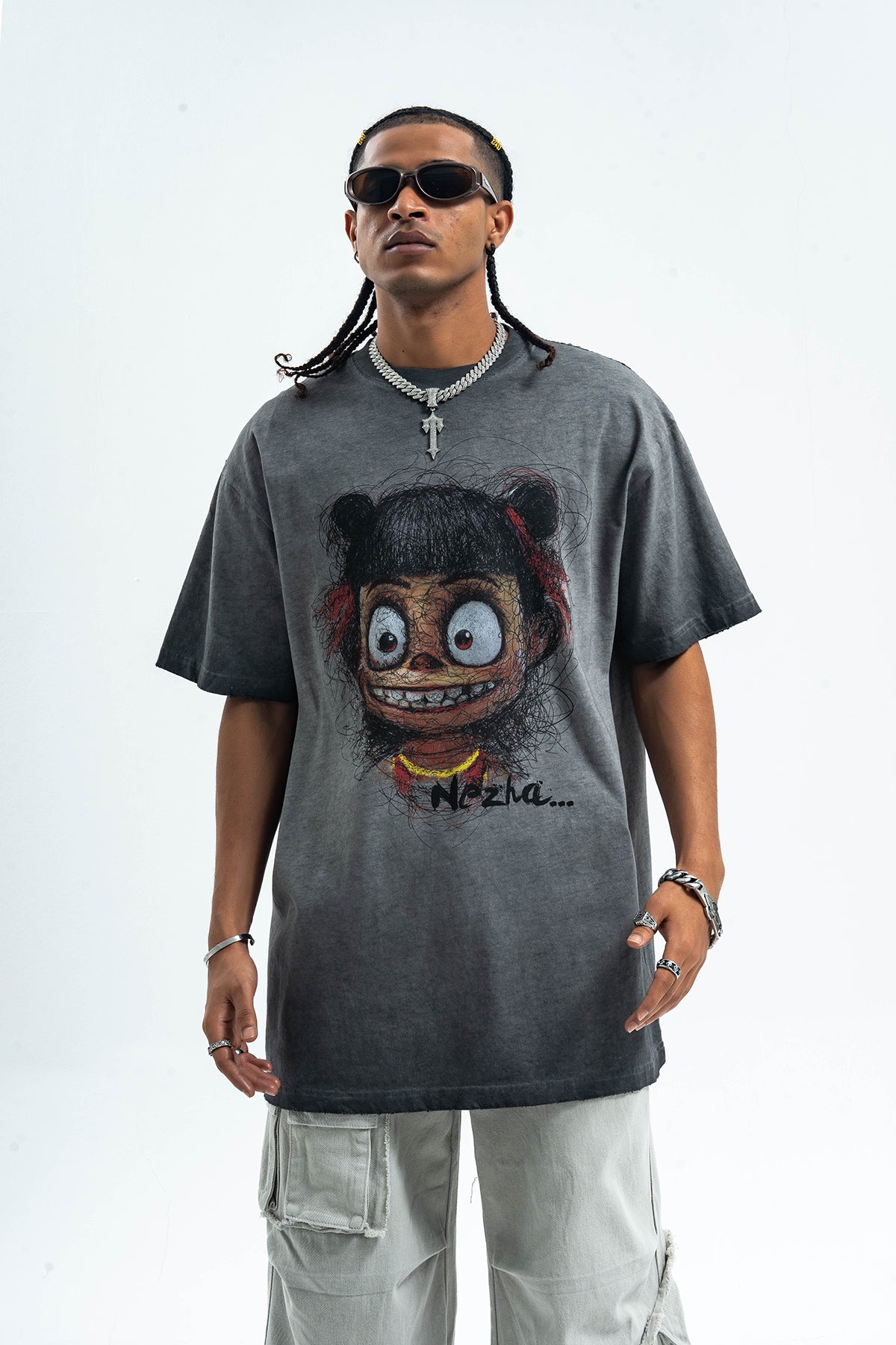Scary cartoon t-shirt creepy anime top grunge retro horror tee in Grey