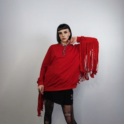 Cowboy sweatshirt tassels jumper Wild West top boho catwalk top going out long sleeve gothic sweat fancy dress sweater in red