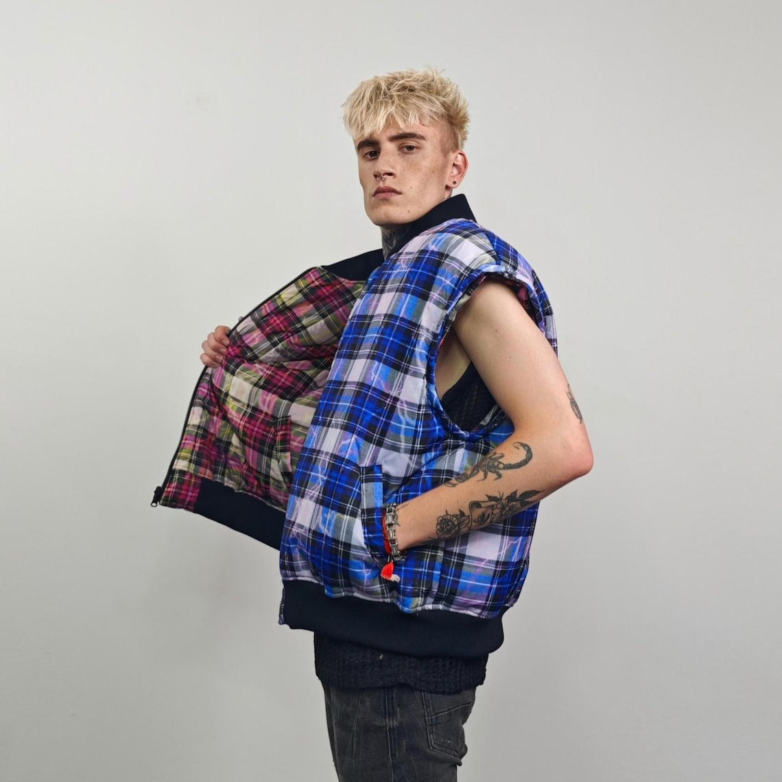 Plaid check bomber thunder print jacket reversible college varsity detachable sleeves e-boy vest handmade grunge rocker coat