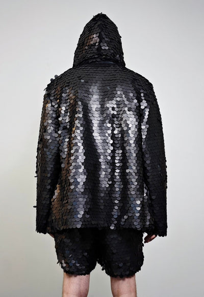 Black sequin jacket hooded shiny mermaid bomber holographic