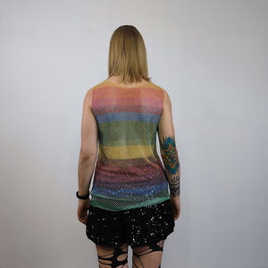 Sparkly mesh top Rainbow vest embellished Gay sleeveless t-shirt rave rhinestone tank transparent LGBT see-through blouse carnival crochet