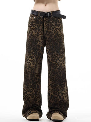 Leopard jeans unisex animal print denim trousers cheetah pants tiger spot pants flared joggers in brown